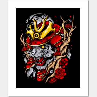 colorful tiger head in samurai helmet surrounded Posters and Art